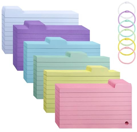 Lifuncren 300 Stücke Linierte Karteikarten, 6 Farben 7,6 x 12,7 cm Flashcards mit 6 Binderingen, Bunt Lernkarten mit Ring, Vokabelkarten für Büro, Schule, Lernen, Zuhause (001)