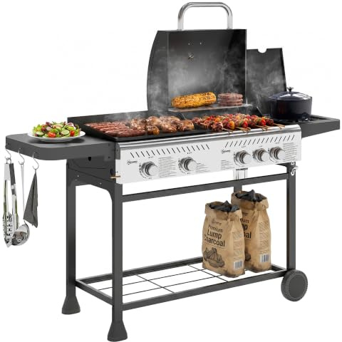 Outsunny 2-in-1 Gas BBQ and Plancha Grill, 12 kW 4+1 Burner Propane Gas Barbecue with Wheels, Warming Rack, Shelves, Thermometer, Bottle Opener for Garden Party Festival, Black