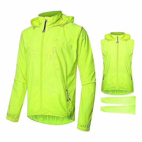 SMTSEC Cyclisme Running Veste Homme Manches Amovibles Imperméable Amovible sans Manches Gilet Léger Respirant Été Coupe-Vent Haute Visibilité Maillot VTT pour Cyclisme Course Jogging,Green-M