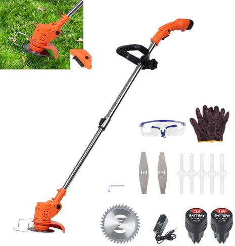 loyliawa Hedge Trimmer, String Trimmer, Electric Grass Trimmers, 12V 2.0Ah Cordless Weed Eater with 2 Batteries,450W Telescopic Brush Cutter Handheld Lawn Mower Charger Included Orange