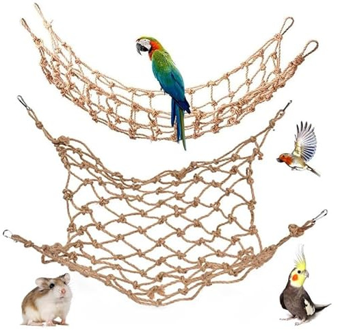 CQJ 2er Set Natürliches Vogelseilnetz – Schaukel & Hängematte für Papageien – Kletterspielzeug für Vögel, Ratten, Wellensittiche, Nymphensittiche, Kakadus, Conures, Graupapageien (Größe S: 30 x 20 cm)