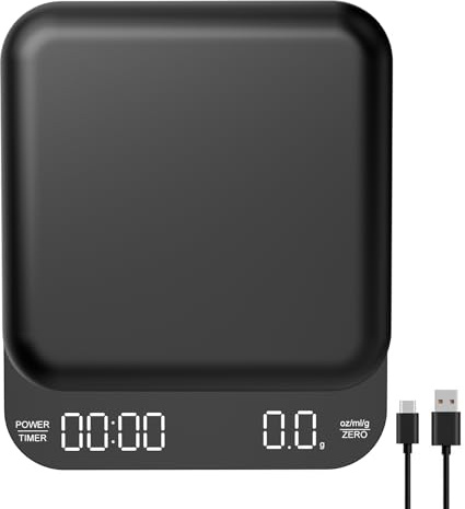 Mini Digital Coffee Scales with Timer,Rechargeable Espresso Scale 3kg/0.1g High Precision with LED Screen, Waterproof Small Kitchen Scale, Black