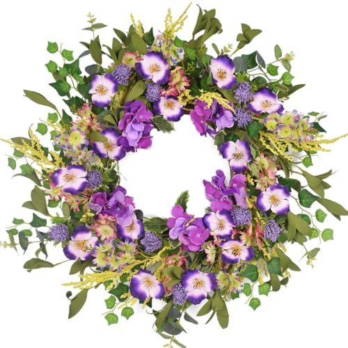 LuBlomy 24 Inch Spring Wreaths for Front Door, Summer Door Wreath Outside, Artificial Purple Hydrangea Wreath for Home Wall Indoor Decor