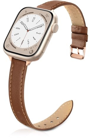 Tuocal Schmal Lederarmband Kompatibel mit Apple Watch Armband 38mm 40mm 41mm 42mm(Series 11 10), Schlank Echtes Leder Armband für iWatch Series 11 10 9 8 7 6 5 4 3 2 1 SE Damen, Braun & Roségold