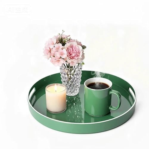 Simmer Stone Plateau rond en plastique, décoratif, en plastique rond avec poignées, table de maquillage moderne et service pour pouf, table basse, cuisine et salle de bain, taille 33 cm (bord blanc