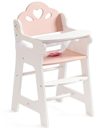 ROBUD Wooden Baby Doll High Chair, Toddler Pretend Play Doll Furniture with Adjustable Seat Belt, Movable Tabletop & Footrest, Suitable for up to 18 Inch Dolls, Role Play Toys for Kids Ages 3+ (White)