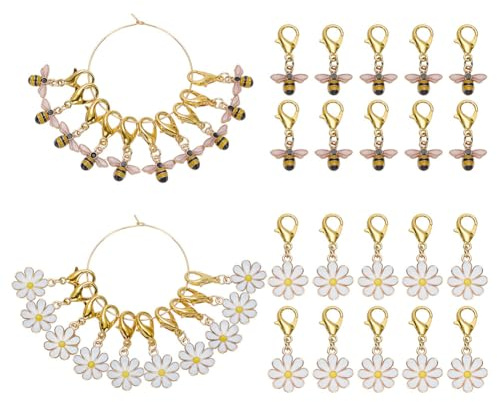 HOBBIESAY 20 Stück 2 Stile Gänseblümchen Und Bienen Maschenmarkierer Anhänger Zum Häkeln Goldene Gänseblümchen Blumen Bienen Strickmaschenmarkierer Strick Und Häkelzubehör Für Heimwerker Näharbeiten
