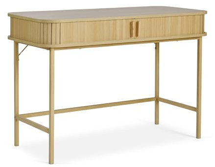 VonHaus Computer Desk – Home Office Desk with Storage & Sliding Doors – Sturdy PC Table for Bedroom & Homeworking - Light Wood Effect Workstation with Tambour Slatted Design Vanity Table - Landos