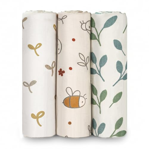 HECCEI Coperte in mussola per bambini, confezione da 3 – 120 x 120 cm, grandi panni in mussola – Coperte avvolgenti per neonati, set regalo per la doccia dei neonati (Whispering Gardens)
