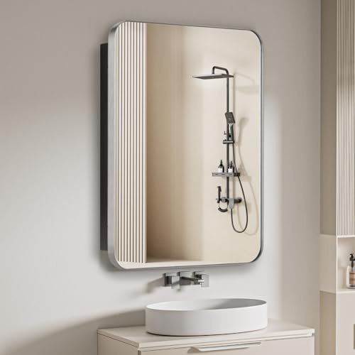 FOMAYKO 16 x 20 Bathroom Medicine Cabinet with Mirror Door, Brushed Nickel Stainless Steel Frame, Recessed or Surface Mounted,Storage Cabinet with Adjustable Metal Shelves,Upgraded Version