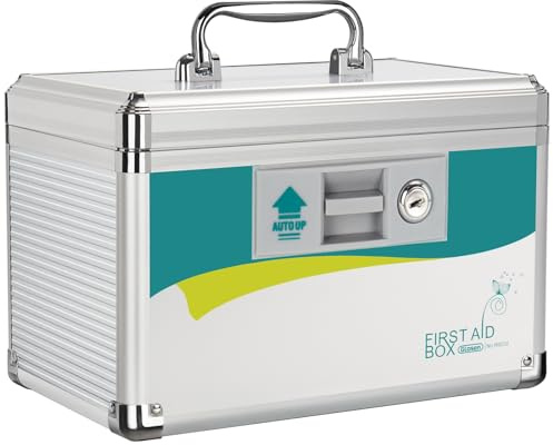 Glosen Lockable Medicine Box with 2 Keys, Medication Organizer Storage, Empty First Aid Box with Removable 3-Compartment Tray for Home, Travel, College Dorm 10 * 6.9 * 6.9 (Green, Small-10inch)