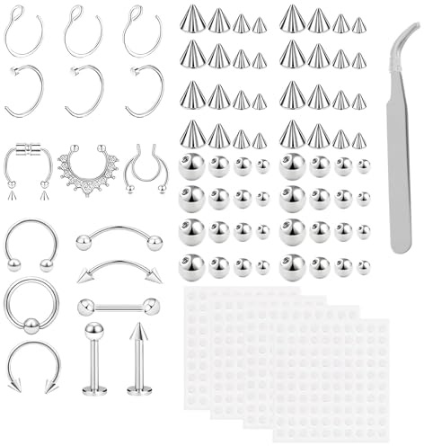 pozuauoa 482Pcs Fake Piercings Kit, Fake Eyebrow Piercing Lip Piercings, Faux Piercing Lip Ring, Faux Nose Stud Septum Piercingset Silver Comes with Tweezer Suitable for Women and Men​