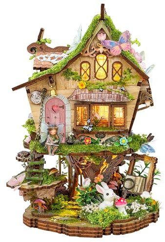 Book Nook DIY Miniatur Haus, Rowan's Tree House Booknook Kit mit LED | Feengarten Miniature House 3D Holzpuzzle Bausatz, Geburtstagsgeschenke für Frauen