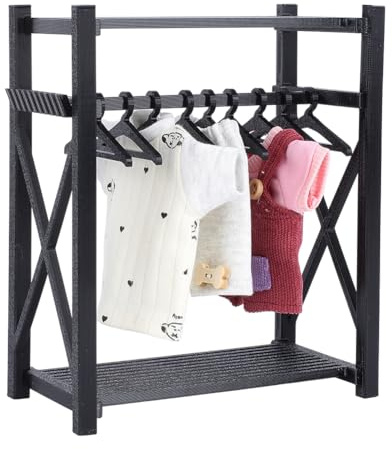 HOBBIESAY Armadio per bambole, 15 x 8 x 18 cm, in plastica, nero, con grucce, per vestiti, scarpe, cappelli, occhiali da sole, borse, abiti e accessori