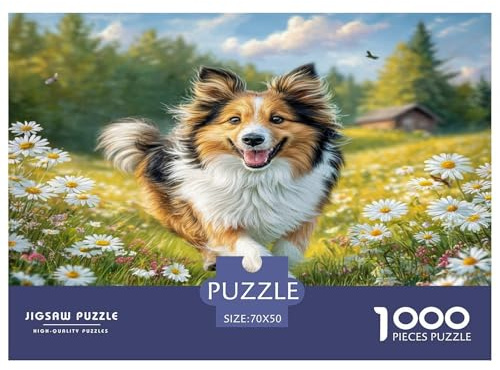 Simpatico cane Collie colorato in un prato fiorito, puzzle da 1000 pezzi per adulti, divertente regalo di compleanno e attività, 70x50 cm/1000 pezzi