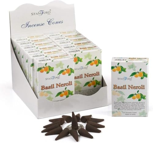 Stamford Basil Neroli Incense Cones 12 Pack Set with JRose Trolley Coin Keychain, 180 Cones Total, Fresh Herbal Citrus Fragrance, Made in India