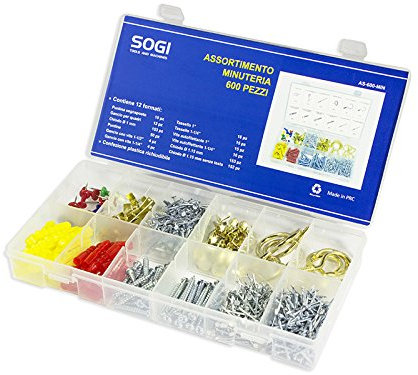 Sogi AS-600-MIN ASSORTIMENTO SET SERIE DI 600 GANCI CHIODI VITI TASSELLI MURO PER CASA