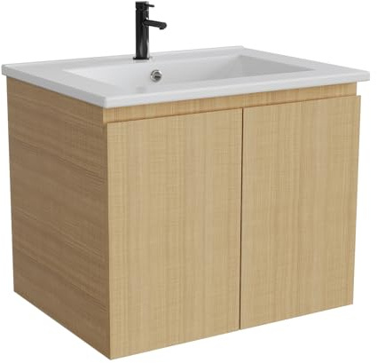 GarveeHome Mueble de baño suspendido de 60 cm con Lavabo de cerámica Integrado - Doble Puerta Cierre Suave - Gran Almacenamiento - Diseño Compacto Ideal para baños pequeños - Oak