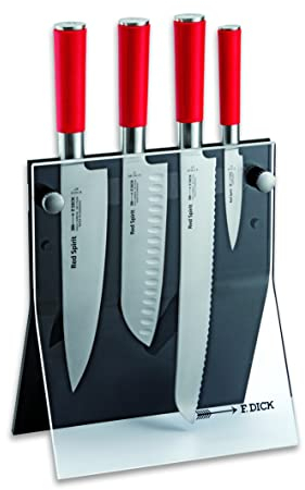 F. DICK Messerblock mit Messer, Red Spirit (Santoku, Kochmesser, Brotmesser, Officemesser, X55CrMo14 Stahl, 56° HRC) 8177200, 24 cm