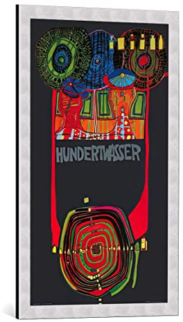 kunst für alle Bild mit Bilder-Rahmen: Friedensreich Hundertwasser Welttournee - dekorativer Kunstdruck, hochwertig gerahmt, 49x83 cm, Silber gebürstet