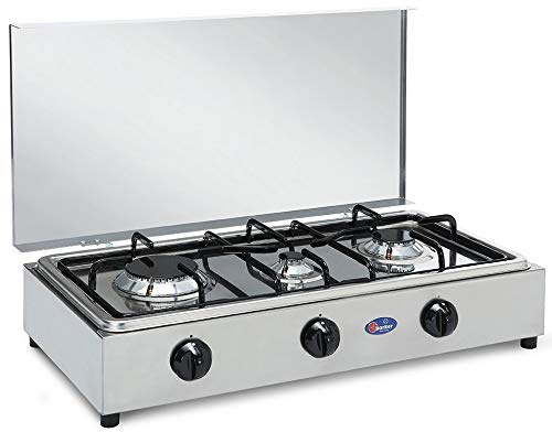Hornillo de mesa de acero Parker con 3 fuegos, alimentación de gas metano con válvulas de seguridad para uso interno FO300ACCGPSm