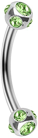 AZARIO London - Piercing a banana per sopracciglio, in acciaio chirurgico, con doppia sfera di cristallo, calibro 16, colore: verde chiaro