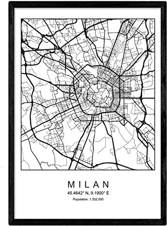 Mappa della mappa della città Milan Nordic Style in bianco e nero. Manifesto A3 Dimensione incorniciata con cornice nera carta stampata 250 gr. Immagini, fogli e poster per salone e camera da letto