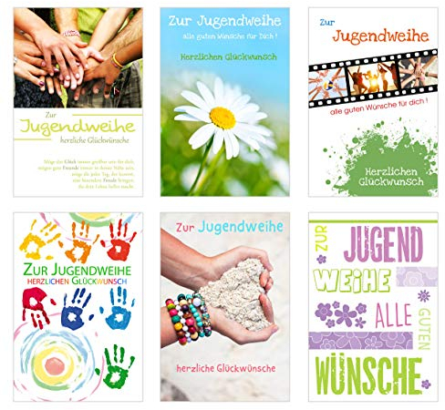 Edition Seidel Set 6 Premium Karten zur Jugendweihe mit Umschlag (Doppelkarten/Klappkarten mit Briefumschlag) Karte Postkarte Jugendweihekarten (6er Set Jugendweihe)