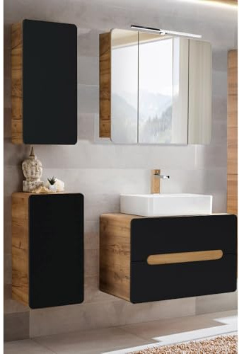 Lomadox Badezimmermöbel Set seidenmatt anthrazit mit Wotan Eiche Nb., Keramik-Waschbecken mit 80 cm Waschtisch-Unterschrank, Hängeschrank, Unterschrank und LED-Spiegelschrank