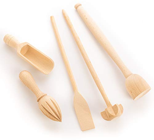 Tuuli Küchenhelfer-Set aus Buchenholz, 5-teilig mit Holzquirl | 5 verschiedene Küchenhelfer für Rühren, Wenden, Stampfen, Auspressen und Dosieren, aus europäischem Buchenholz