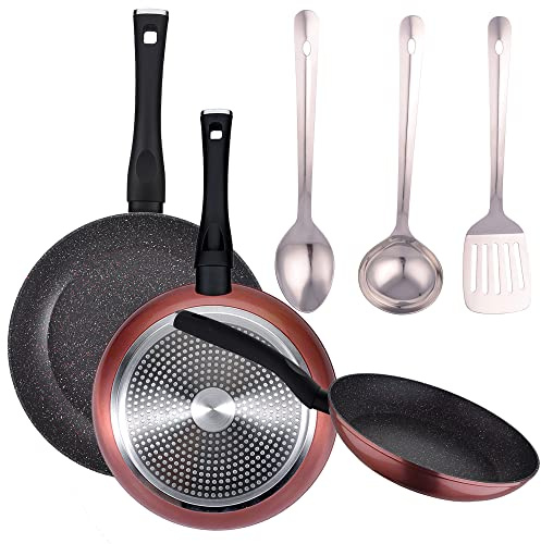 PACK DE 3 SARTENES Ø20/24 y 28 cms + SET 3PC DE UTENSILIOS DE COCINA EN ACERO INOXIDABLE