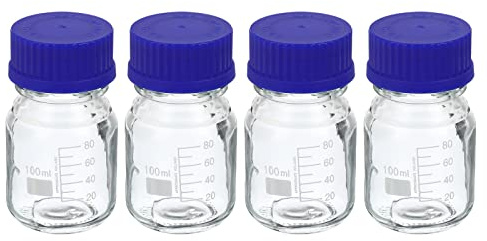 PATIKIL 100mL Reagenz Medien Flasche, 4Pcs runde abgestufte Glas Speicher Flasche blaue Schraube für Labor Haus, klar