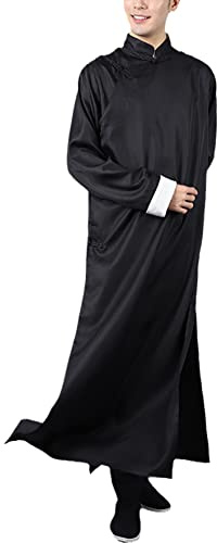 Moonetto Mens Kung Fu Robe Chinese Martial Arts Uniform Tai Chi Long Suit Button Shirt Coat Robe Outfit(0247-Black-L)