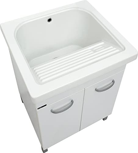 Mobile LAVATOIO Ceramica 60 x 60 x H 86 DOMINA Design Bianco Incluso di PILETTA in Acciaio E SIFONE Pilozza Profonda 33 cm con strizzatoio