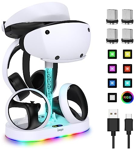 Charging Station for PSVR2 Controller, Fastsnail LED Stands for PlayStation VR2, Accessories for PS5 VR Headset & Sense Controller with 15 RGB Light, for PS VR2 Game Accessories Storage Base