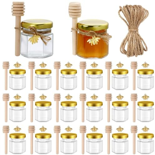 MEETOZ 1.5 oz 20 pack Mini Glass Honey Jars,Hexagon Honey Jars with Wooden Dipper, Gold Lids, Gold Bee Pendants, Jutes, Bee Stickers, Jars Perfect for Baby Shower, Wedding, Party Favors