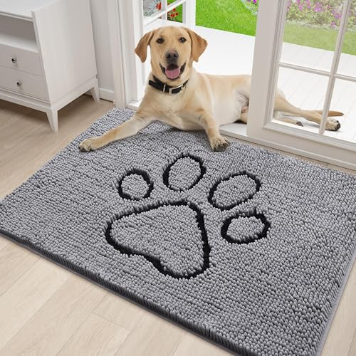 Homaxy Dog Door Mats Indoor, Super Absorbent Non Slip Doormats, Soft Chenille Floor Mat, Machine Washable Entrance Rug for Dogs Muddy Paws, Muddy Wet Shoes, Bathroom, Kitchen - 50 x 75 cm, Grey