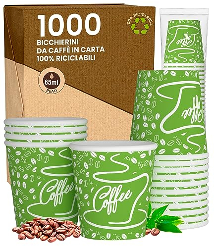 Eurocali 1000 Bicchierini in Carta da caffè 65ml CoffeeGreenCUP - Bicchieri Ecologici Biodegradabili Monouso Piccoli Asporto Bevande Calde