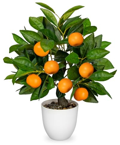 Artificial Potted Plants 16.1 inches Fake Orange Tree Artificial Citrus Fruit Plant with White Pot Faux Plants Indoor for Home,Office, Living Room Table, Desk