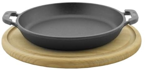 Servierpfanne 14 cm aus Gusseisen emailliert Schlemmerpfanne mit Holzbrett Bratpfanne mit Ständer, für Fajitas, BBQ, Omelette, Tapas und Desserts Gusspfännchen mit Holzuntersetzer
