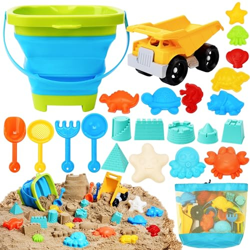 Sloosh Beach Sand Toys Set - Dump Truck Car Toy with Sand Molds for Toddlers Outdoor Play, Collapsible Foldable Buckets Mesh Bag Shovels Castle Animal Mold Sets, Kids Ages Sandbox Toys (Animals)