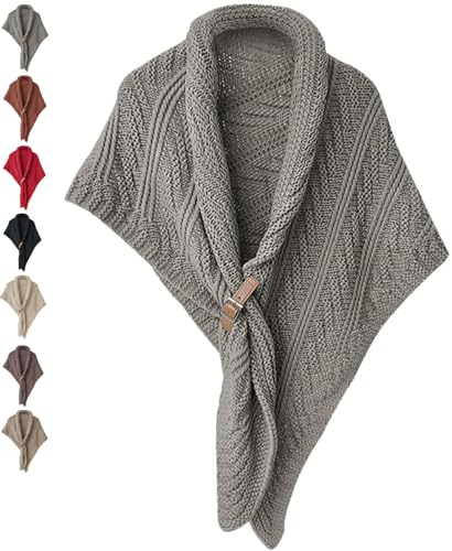 JASUBAI Multifunktionaler Dreiecksschal FüR Damen, Dreieckstuch Damen Winter Warme Schal Und Wickel Beige Poncho, GehäKelter Schultertuch Umhang Dreieckstuch mit Lederschnalle (Grau)