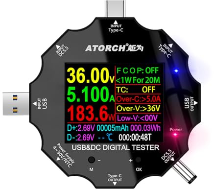 USB C Tester, 3 in 1 Type C DC5.5 USB Meter USB Load Color Screen IPS Digital Multimeter,Voltage,Current,Power,Resistance,Capacity Detector PD2.0/PD3.0,QC2.0/QC3.0