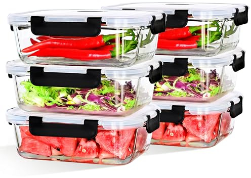 LNWSN Glas Aufbewahrung mit Deckel 6er Set, 1040ml Mehrzweck-Meal Prep Glas mit Schnappverschluss an allen Seiten, auslaufsicherer Frischhaltedosen Glas, Food Container für Fitness-Enthusiasten