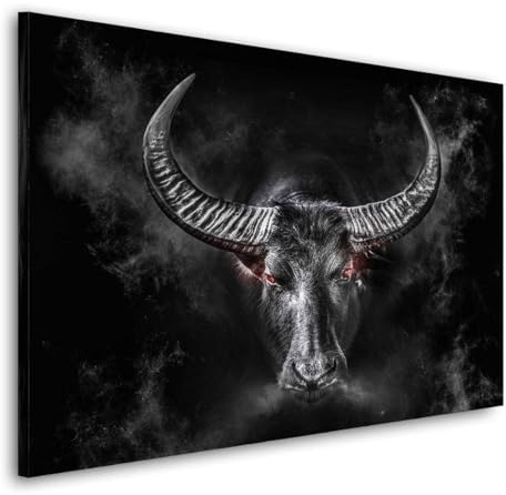 Kunstgestalten24 | Stier Dark Style Modern Leinwand-Bild | mit Echtholz-Keilrahmen | Leinwandbild Wandbild Kunst Art | Hochwertige Kunstdrucke | 120x80cm, 4cm Rahmentiefe