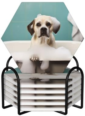 Untersetzer für Getränke, 6 Stück, rund, saugfähig, Keramik, rutschfest, Getränkeuntersetzer mit Halter und Korkboden, wiederverwendbare Tassenmatte, Bade- und Hundetassen-Untersetzer für Arten von