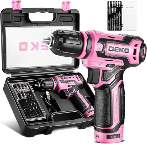 Cordless Drill：DEKOPRO 12V Power Battery Drill Set with Small Electric Drills and 3/8-inch Keyless Chuck with Portable Tool Set Gift Box (Pink)
