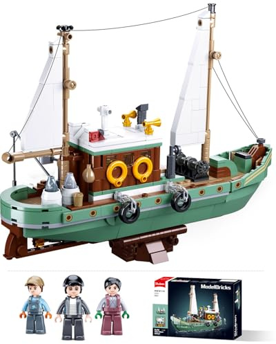 City Fishing Boat Building Kit with 3 Fisherman Minifigures, Ship Building Sets with Fishing Rods & Buckets, Christmas Birthday Gifts Toys for Kids Aged 6-12, Compatible with Lego Boat, 610 PCS