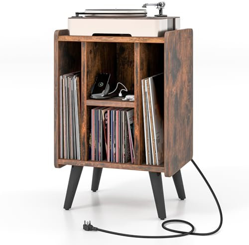 GIANTEX Mesa Auxiliar para Tocadiscos con Estación de Carga, Mesilla de Noche con Compartimentos de Almacenamiento de Vinilo, Estante de Exhibición de Discos para Salón, Dormitorio (Marrón)