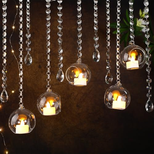 GlikCeil 56 Pcs 3.15'' Hanging Glass Tealight Holder Globe with K9 Crystal Garland Strands,Teardrop Pendant Hanging Tealight Candle Holder Orbs Air Plant for Wedding Centerpiece Party Decor (Clear)